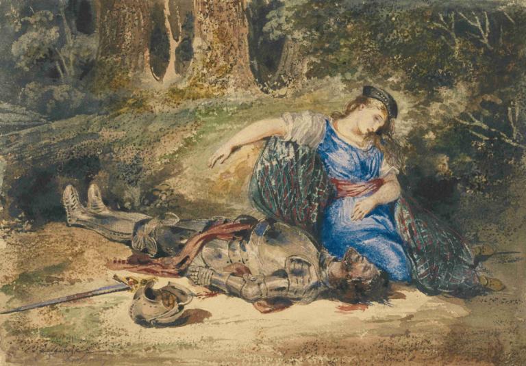 The Death of Lara,Lara'nın Ölümü,Eugène Delacroix,Yağlı boya,Yağlı boya, 1kız, silah, kılıç, zırh, ölüm, kan