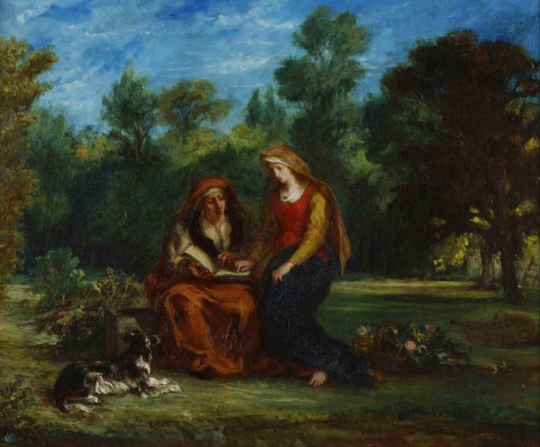 The Education Of The Virgin,聖母的教育,Eugène Delacroix,歐仁·德拉克洛瓦,油畫,油畫, 美術模仿, 2個女孩, 多個女孩, 樹, 戶外, 假傳統媒體, 長裙, 長髮, 坐著