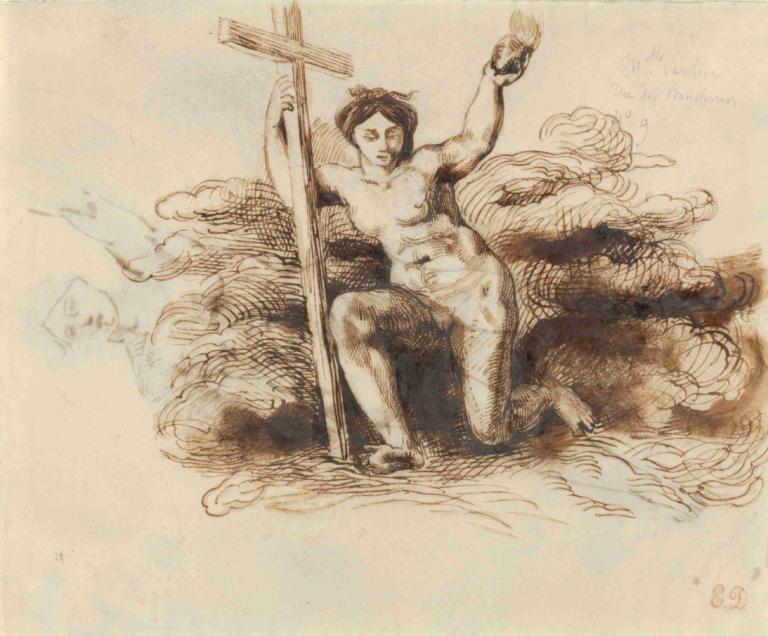 The Figure of Religion,Postava náboženství,Eugène Delacroix,Náčrt,Náčrt, 1 dívka, sólo, akt