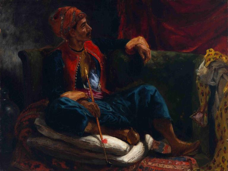 The Smoker,Rygeren,Eugène Delacroix,Oliemaleri,Oliemaleri, kunstparodi, 1 dreng, mandligt fokus, solo, sofa