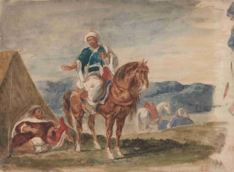 Three Arab Horsemen at an Encampment,Trije arabski jezdeci v taboru,Eugène Delacroix,Oljna slika,Oljna slika