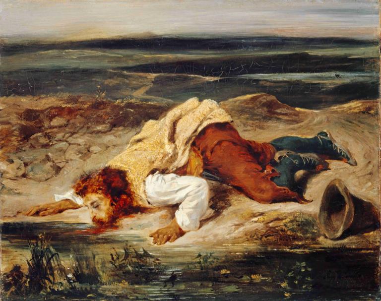 Wounded Brigand (Roman Shepherd),Zraněný lupič (římský ovčák),Eugène Delacroix,Olejomalba,Olejomalba