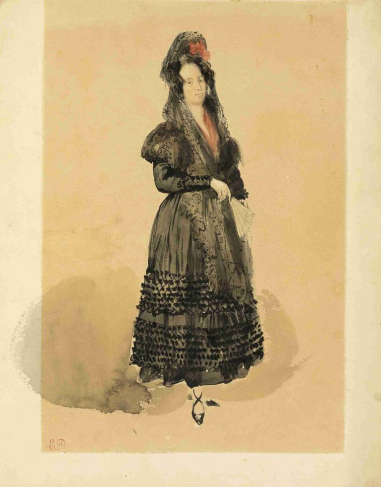 Young Spanish Lady in Costume of Manola,Mladá španělská dáma v kostýmu Manola,Eugène Delacroix,Barevný náčrt