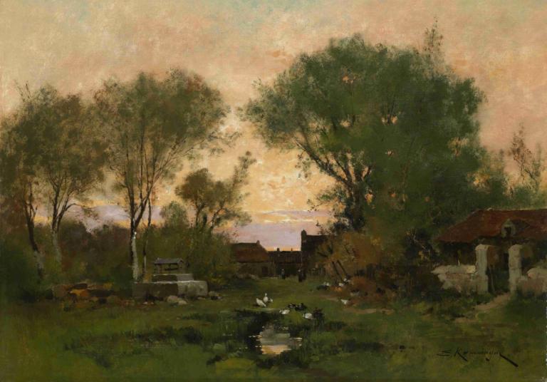 Abendstimmung,Eugène Galien-Laloue,Oil Painting,Oil Painting, no humans, tree, scenery, outdoors, grass, sky