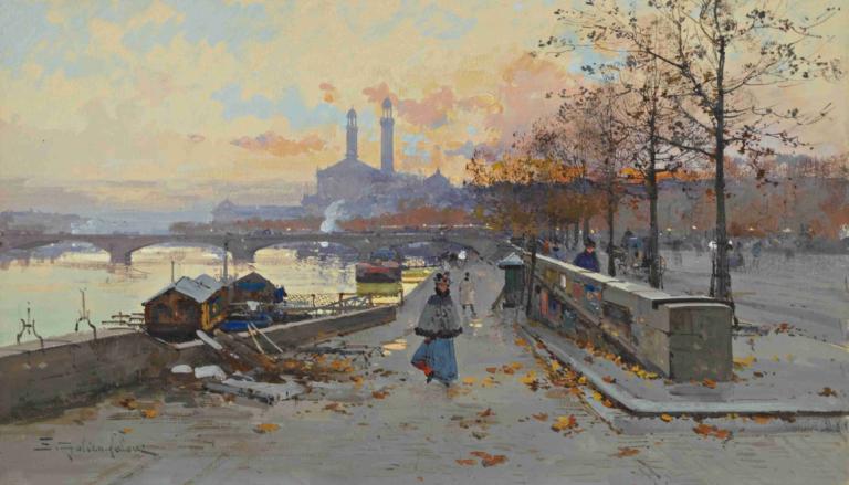 Au Quai,Eugène Galien-Laloue,Yağlı boya,Yağlı boya, açık havada, ağaç, 1kız, manzara, solo, deniz taşıtları