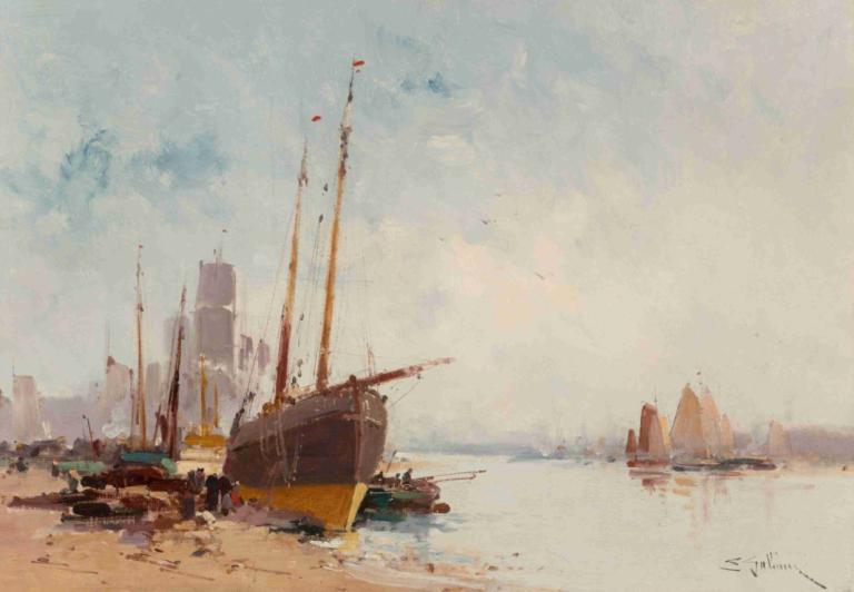 Bateaux au port,ท่าเรือ Bateaux Au,Eugène Galien-Laloue,- โอเรน เกล็น - ลาลูเอ,จิตรกรรมสีน้ำมัน