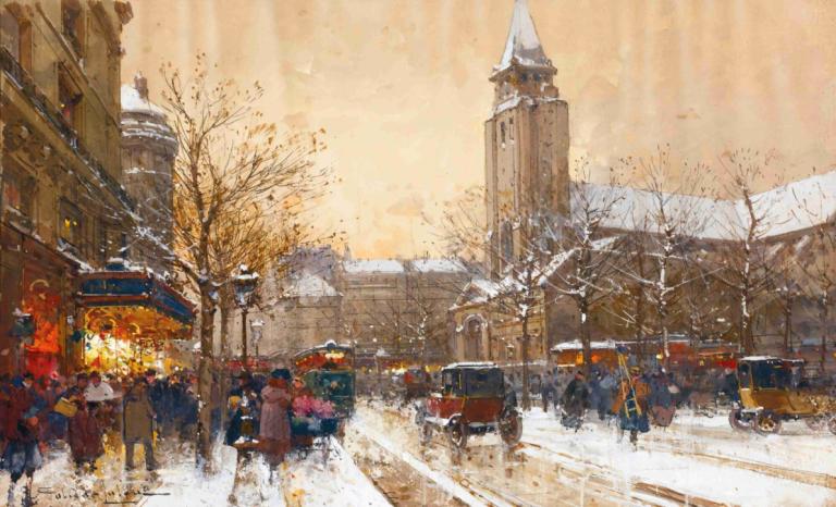 Boulevard Saint-Germain, Paris,Eugène Galien-Laloue,Oil Painting,Oil Painting, scenery, outdoors, tree