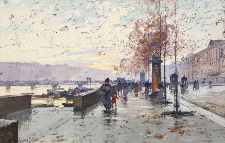 Figures at the Quai de Louvre, Paris,Eugène Galien-Laloue,Oil Painting,Oil Painting, outdoors, tree