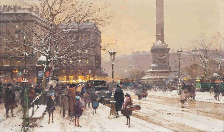 Figures in the snow, the Place de Concorde, Paris,Eugène Galien-Laloue,Oil Painting,Oil Painting, outdoors