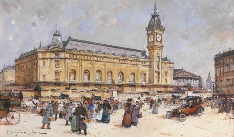 Gare de Lyon,Nádraží Lyon,Eugène Galien-Laloue,Olejomalba,Olejomalba, pozemní vozidlo, více chlapců