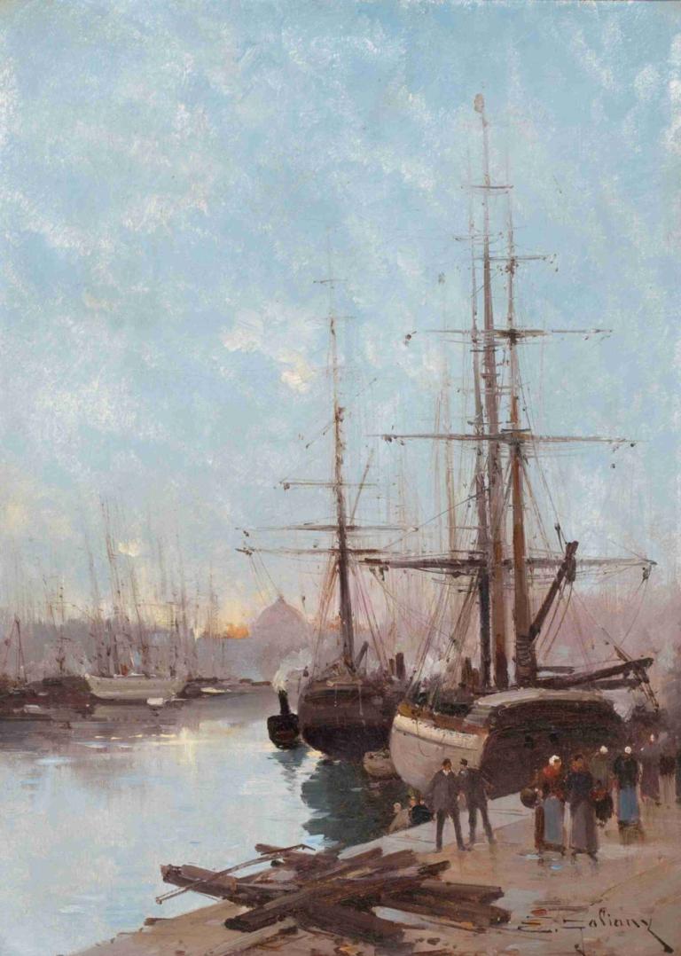 Harbor Scene,Eugène Galien-Laloue,Oil Painting,Oil Painting, watercraft, outdoors, sky, scenery, boat, ship