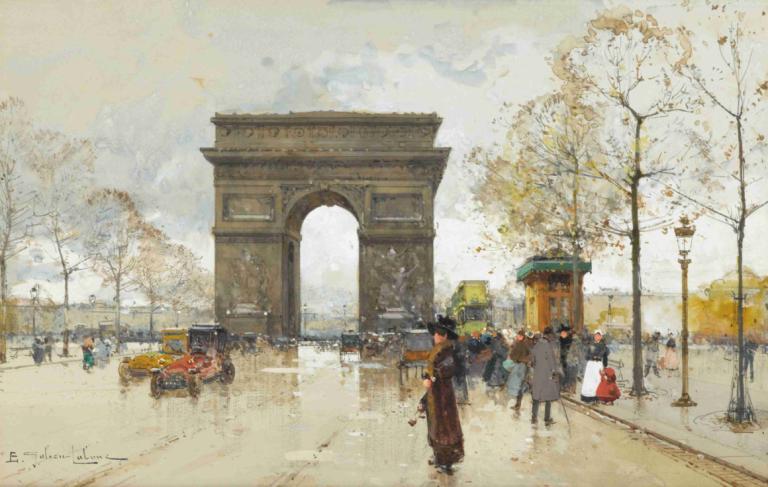 L'arc De Triomphe,Vítězný oblouk,Eugène Galien-Laloue,Olejomalba,Olejomalba, strom, pozemní vozidlo, venku