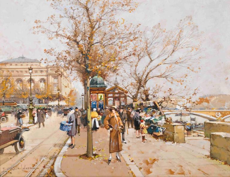 La Place Du Châtelet À Paris,巴黎夏特莱广场,Eugène Galien-Laloue,欧仁-加利安-拉卢瓦,油画,油画, 树, 户外, 地面车辆, 真实世界位置, 多个女孩, 摩托车, 包