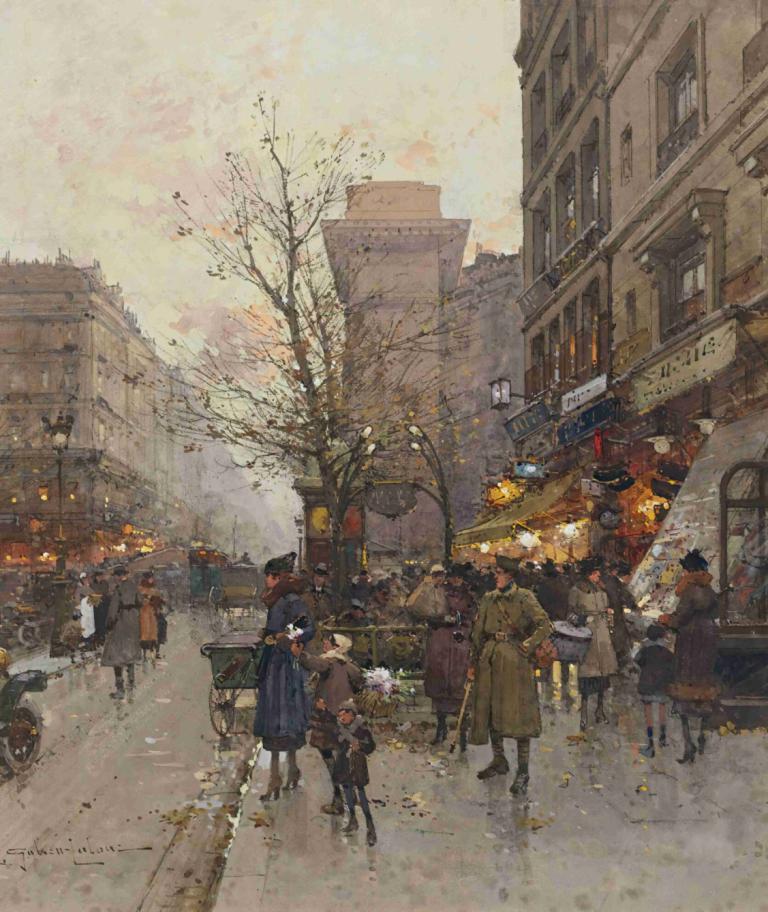 La Porte Saint Denis, Paris,Eugène Galien-Laloue,Yağlı boya,Yağlı boya, kara aracı, ağaç, araba, sokak