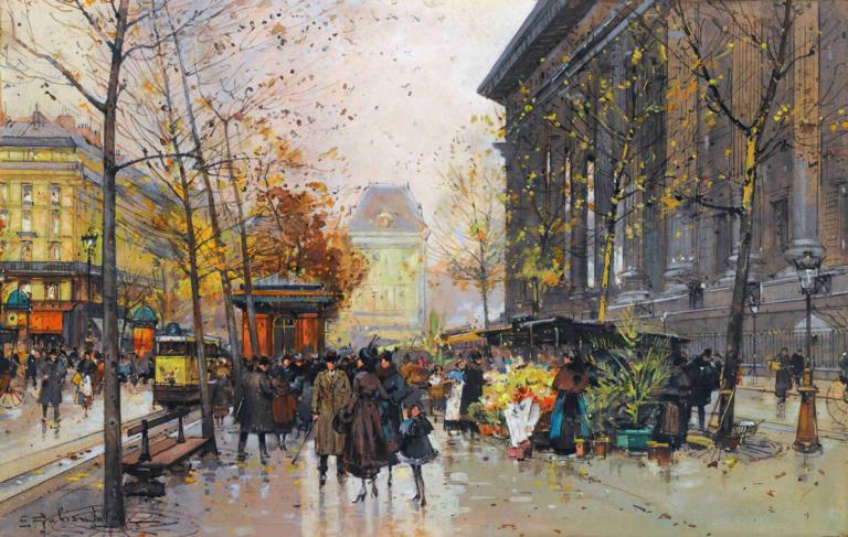 Le Marché Aux Fleurs, La Madeleine,Květinový trh, La Madeleine,Eugène Galien-Laloue,Olejomalba,Olejomalba