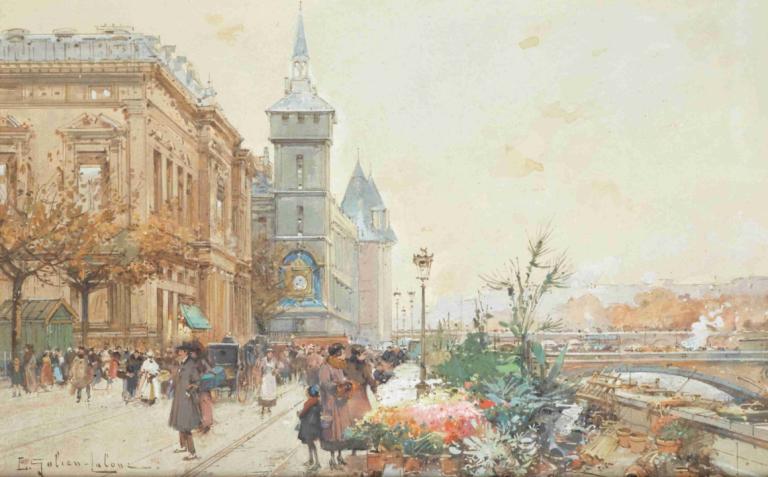 Le Marché Aux Fleurs,花卉市场,Eugène Galien-Laloue,欧仁-加利安-拉卢瓦,油画,油画, 树, 户外, 风景, 多个女孩, 路, 多个男孩, 建筑, 街道, 镇, 传统媒体