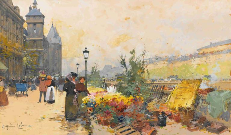 Le Marché Des Fleurs À La Cité,Květinový trh ve městě,Eugène Galien-Laloue,Olejomalba,Olejomalba, venku