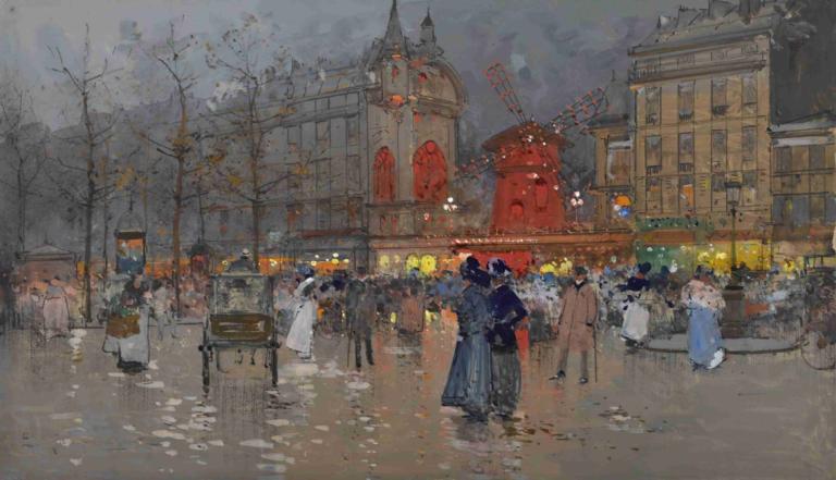 Le Moulin Rouge, Paris,Eugène Galien-Laloue,Lukisan cat minyak,Lukisan cat minyak, pohon, di luar rumah