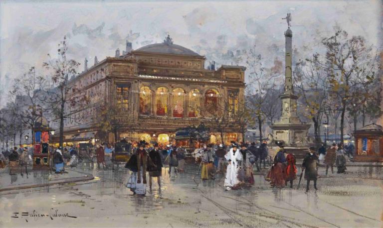 Le Théâtre Du Châtelet, Paris,Théâtre Du Châtelet, Paris,Eugène Galien-Laloue,Lukisan cat minyak