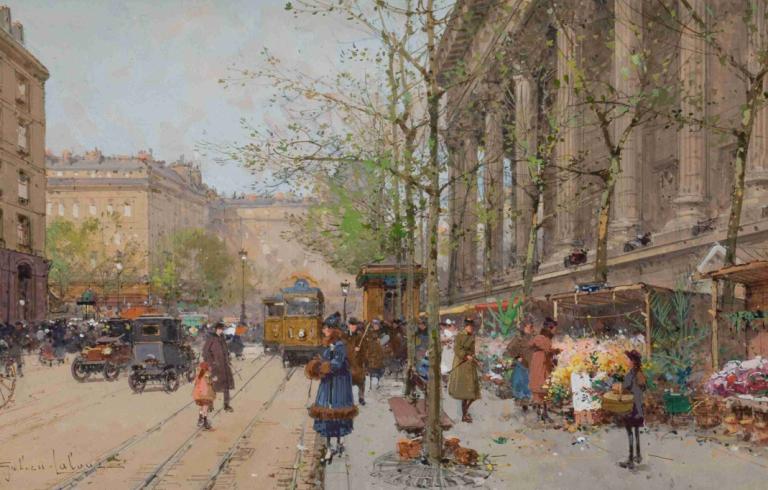 Marché aux fleurs Place de la Madeleine,Pasar bunga Place de la Madeleine,Eugène Galien-Laloue