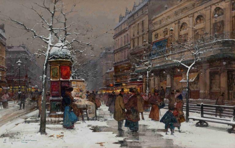 Paris, boulevard en hiver,Paris, bulevar di musim dingin,Eugène Galien-Laloue,Lukisan cat minyak