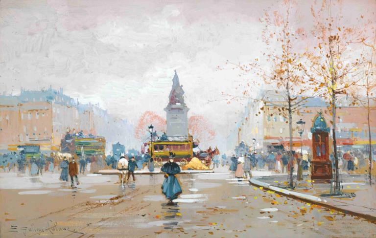 Place Clichy,Eugène Galien-Laloue,Yağlı boya,Yağlı boya, ağaç, açık havada, bina, birden fazla erkek, manzara