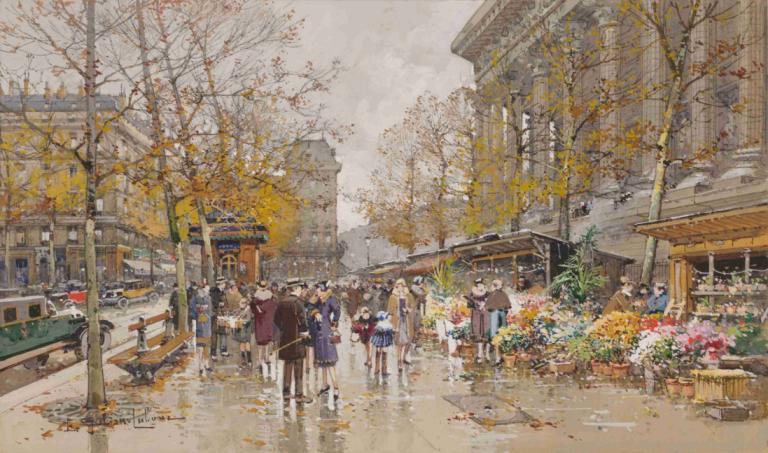 Place De La Madeleine,Eugène Galien-Laloue,Olejomalba,Olejomalba, strom, více dívek, sukně, venku