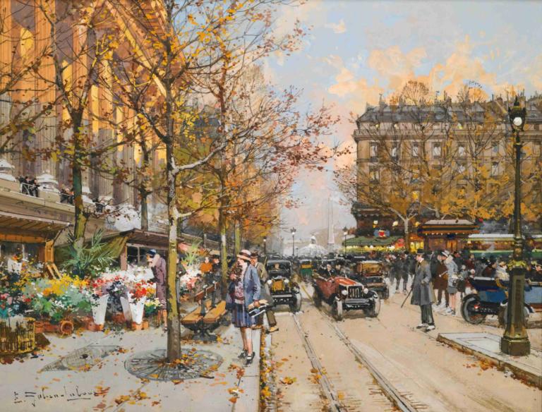 Place De La Madeleine,Eugène Galien-Laloue,Yağlı boya,Yağlı boya, kara aracı, açık havada, araba, ağaç