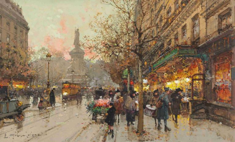 Place De La République,Eugène Galien-Laloue,Yağlı boya,Yağlı boya, sokak, birden fazla kız, açık havada, ağaç