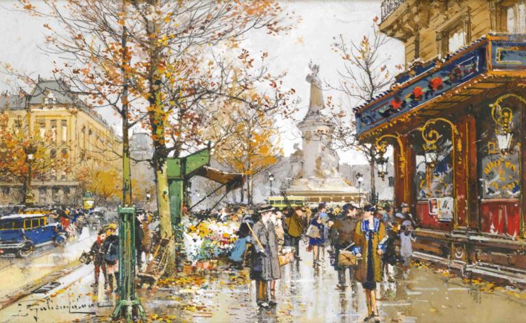 Place De La Republique,Eugène Galien-Laloue,Yağlı boya,Yağlı boya, kara aracı, ağaç, açık havada