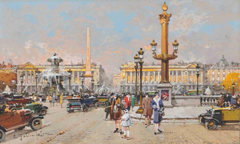 Place de la Concorde,Eugène Galien-Laloue,Yağlı boya,Yağlı boya, kara aracı, Motorlu araç, birden fazla kız