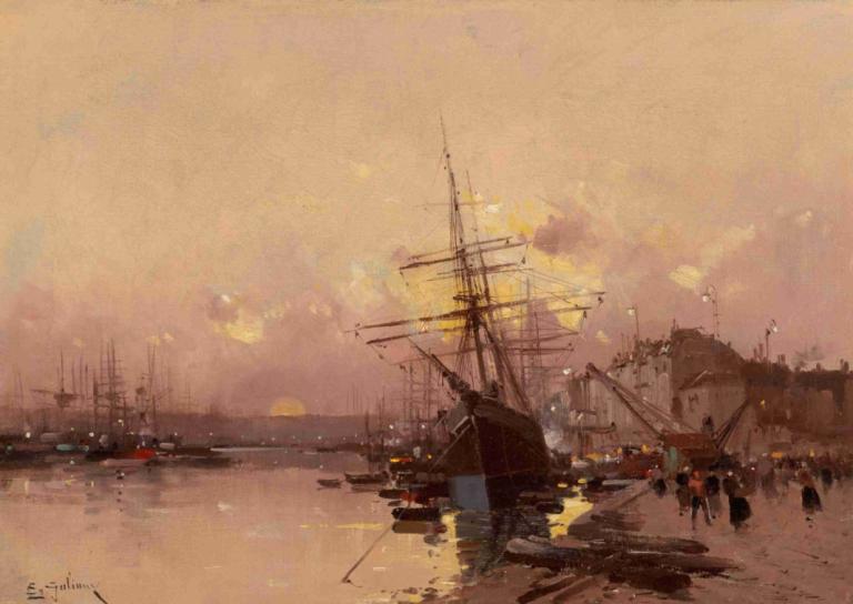 Port Breton au crépuscule,Port Breton alacakaranlıkta,Eugène Galien-Laloue,Yağlı boya,Yağlı boya, açık havada