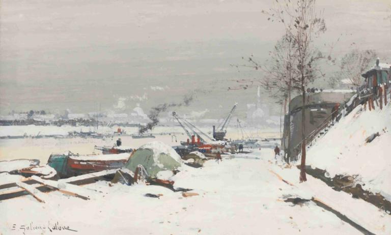 Quai De Bercy Sous La Neige,Quai De Bercy Karlar Altında,Eugène Galien-Laloue,Yağlı boya,Yağlı boya, kar