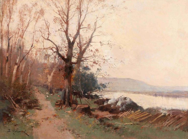 River Landscape,강 풍경,Eugène Galien-Laloue,유진 갈리앙-랄루에,오일 페인팅,오일 페인팅, 인간은 없어, 경치, 나무, 옥외, 잔디, 전통 미디어, 바위