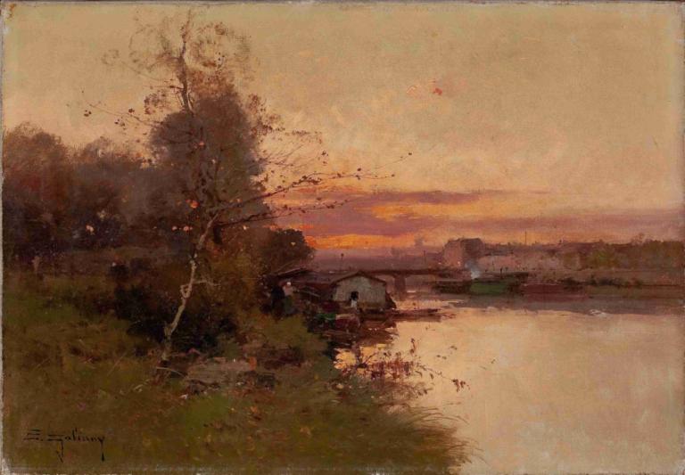 River at Sunset,일몰의 강,Eugène Galien-Laloue,유진 갈리앙-랄루에,오일 페인팅,오일 페인팅, 인간은 없어, 옥외, 경치, 나무, 자동차, 잔디, 일몰, 지상 차량