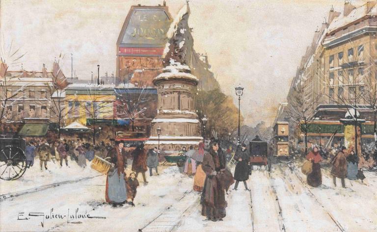 The Place de Clichy in Snow, Paris,파리, 눈 속의 클리시 광장,Eugène Galien-Laloue,유진 갈리앙-랄루에,오일 페인팅,오일 페인팅, 지상 차량, 옥외