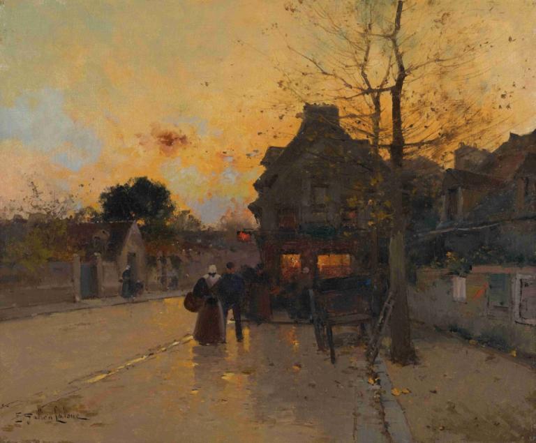 Village, Un Soir D'automne,빌리지, 운 소아르 도자동,Eugène Galien-Laloue,유진 갈리앙-랄루에,오일 페인팅,오일 페인팅, 나무, 옥외, 경치, 도로