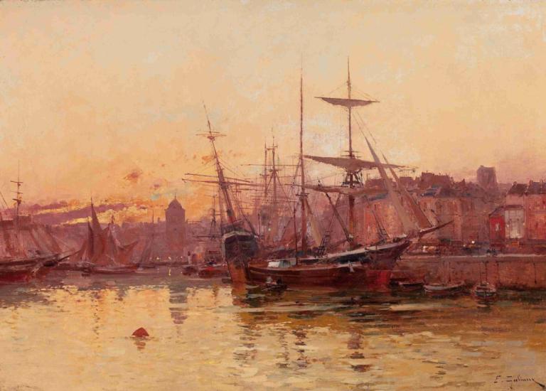 Voiliers à quai en Normandie,노르망디에 정박 중인 범선,Eugène Galien-Laloue,유진 갈리앙-랄루에,오일 페인팅,오일 페인팅, 선박, 인간은 없어, 보트, 배