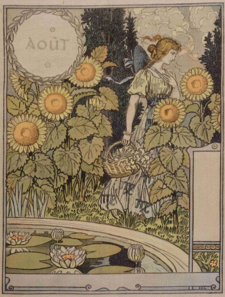 Août,Eugène Grasset,Illustration,Illustration, 1girl, flower, basket, solo, dress, sunflower, braid, hair bun