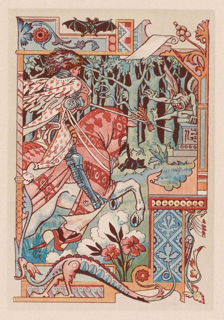 Chevalier sur son cheval pointant sa lance contre un diablotin,Eugène Grasset,Illustration,Illustration