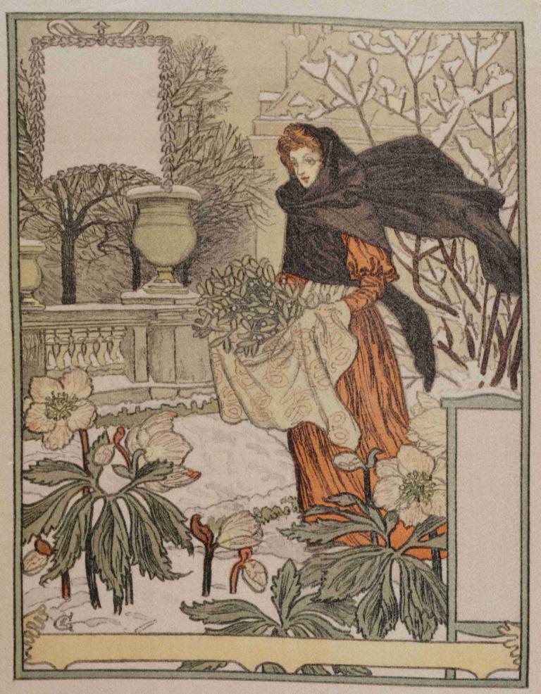 Décembre,Eugène Grasset,Illustration,Illustration, 1girl, flower, solo, dress, plant, brown hair, cloak, vase