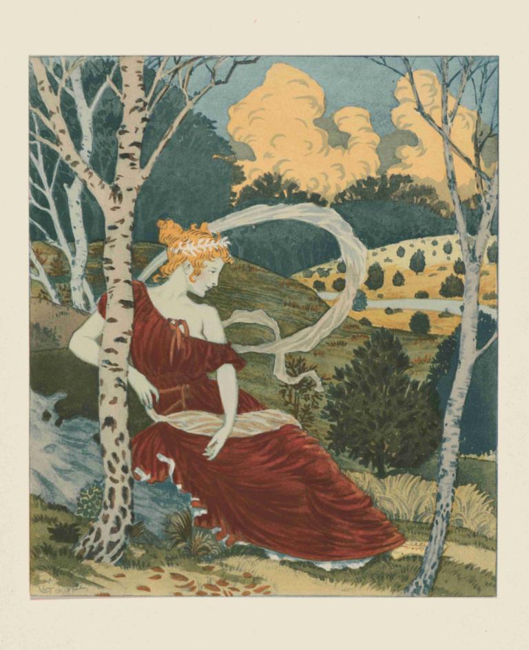 Dans Les Bois,森の中で,Eugène Grasset,ウジェーヌ・グラッセ,イラスト,イラスト, 1女の子, ソロ, 木, ドレス, 美術パロディ, 草, 赤いドレス, 雲, 屋外, 座っている, 空