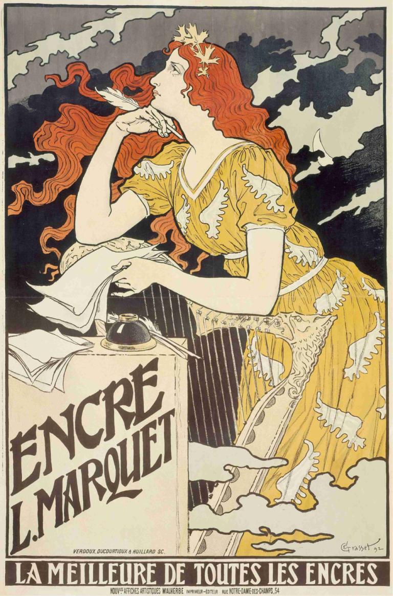 Encre L. Marquet,Eugène Grasset,Illustration,Illustration, 1girl, long hair, dress, solo, fine art parody