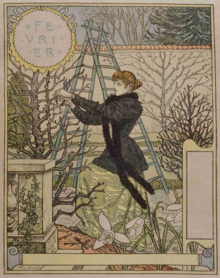 Février,2月,Eugène Grasset,ウジェーヌ・グラッセ,イラスト,イラスト, 1女の子, ソロ, 木, 花, 植物, 長袖, 裸の木, 茶髪, プロフィール