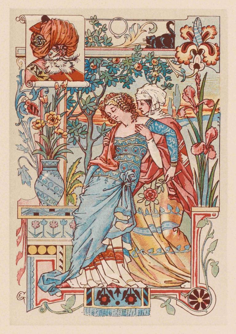 Femme assoupie dans les bras de sa servante,Eugène Grasset,Illustration,Illustration, fleur, plusieurs filles