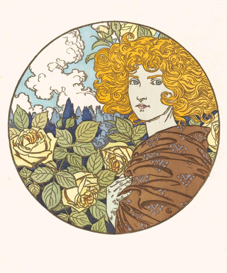 Jalousie,Žaluzije,Eugène Grasset,Ilustracija,Ilustracija, solo, 1 dekle, oblak, blond lasje, cvet, modre oči