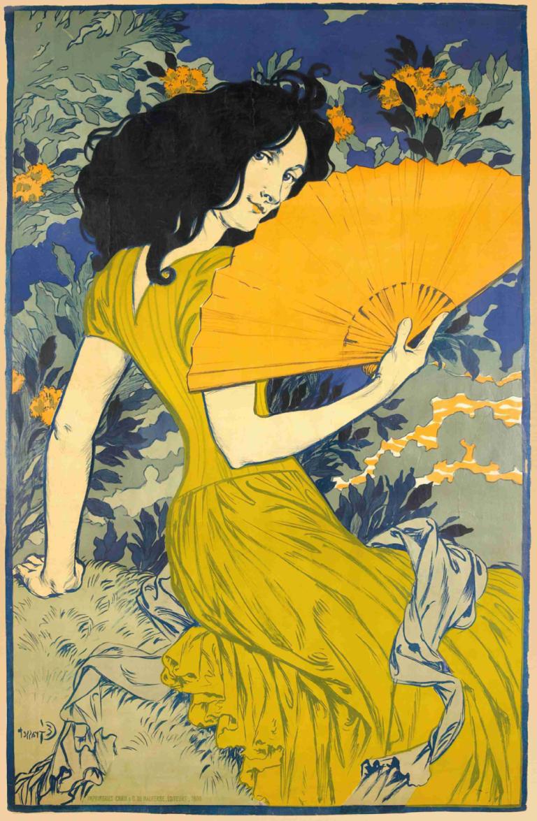 L'Éventail,Kipas angin,Eugène Grasset,Ilustrasi,Ilustrasi, 1 gadis, kipas tangan, solo, rambut hitam, gaun