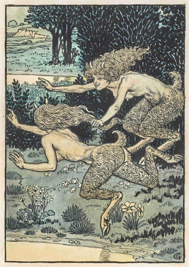 Les Petites Faunesses,Eugène Grasset,Illustration,Illustration, tree, flower, fine art parody, monster girl