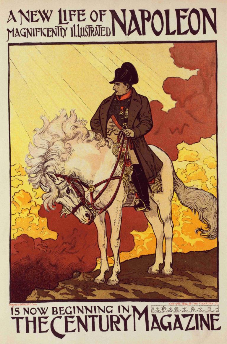 Napoléon,ナポレオン,Eugène Grasset,ウジェーヌ・グラッセ,イラスト,イラスト, 馬, 乗馬, ライディング, 帽子, 英語のテキスト, サドル, 1女の子, ソロ, 美術パロディ, 雲, 国境