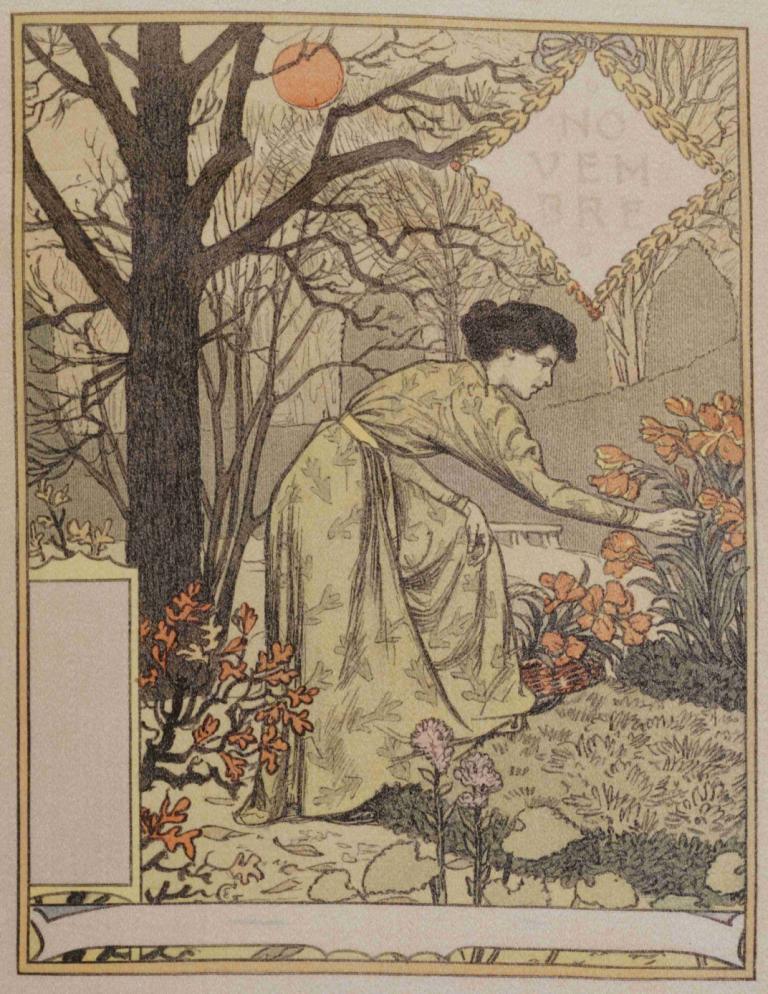 Novembre,Eugène Grasset,Illustration,Illustration, 1girl, flower, tree, solo, black hair, dress, long sleeves